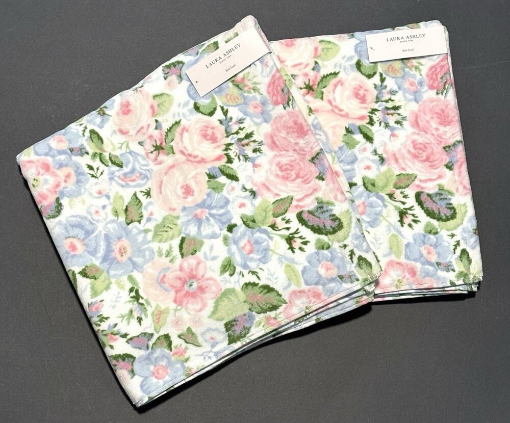 Laura Ashley Bath Towel Set Quartet Floral 2 Pcs Pink Blue Green NWT